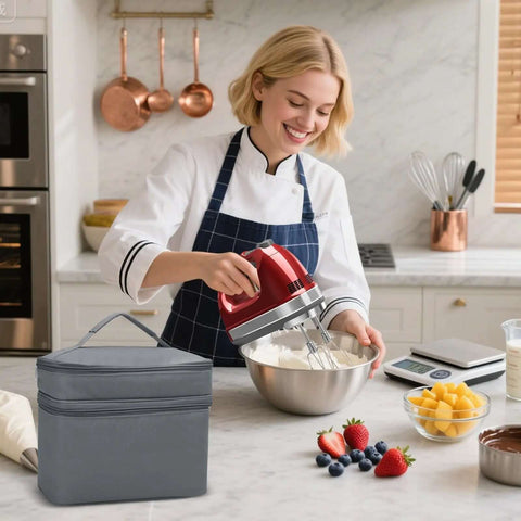 Swanky Double Layer Hand Mixer Case And Immersion Blender Storage Bag With Solid Carry Handle, gray bag on countertop.
