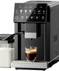 Fully Automatic Espresso Machine With Built In Grinder And Integrated Milk Frother pulling barista quality shots with milk container.