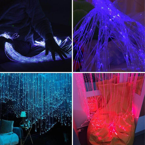 Side Glow Fiber Optic Curtain Lights 6.5 Ft Pack of 50 Strands for Autism Rooms, illuminated in various colors for sensory lighting.