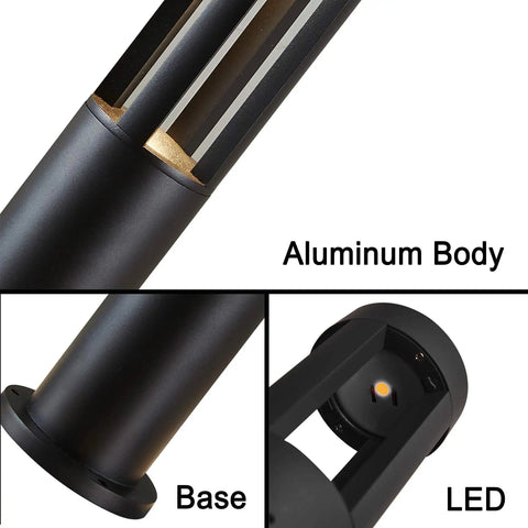 LED Landscape Path Lights 10W 24V DC Waterproof Aluminum Cylindrical Outdoor Garden Accent Lighting detail of body, base, and LED