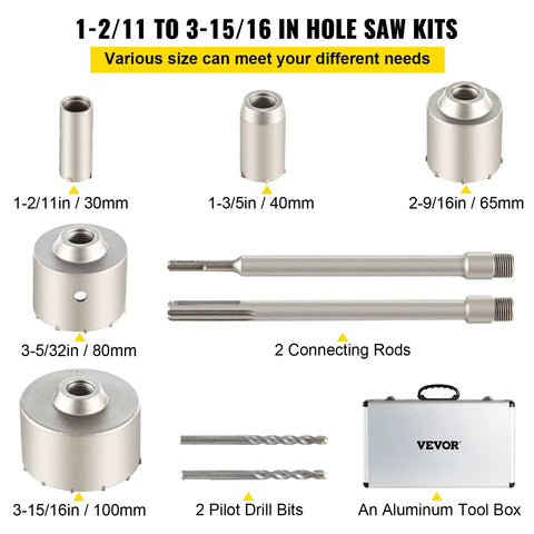 Heavy-Duty Concrete Hole Saw Kit With SDS Plus And SDS Max Shanks, 10-Piece Set displayed with hole saws and aluminum case