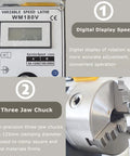 Digital display and three-jaw chuck of Hardcore Mini Metal Lathe 7x12 Inch Benchtop Workhorse with a 600 Watt motor.