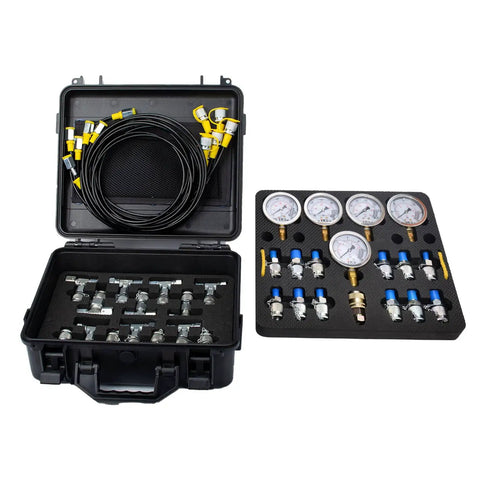 Built Tough Hydraulic Pressure Test Kit for Excavator With 13 Couplings and 14 Tee Connectors, 6 Test Hoses, 5 Pressure Gauges, Covers 150 1500 3500 6000 9000 PSI for Accurate Readings