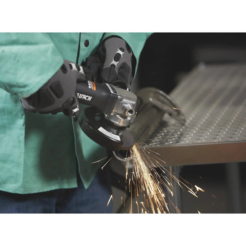 User operating the No Nonsense 4 1/2 Inch Air Angle Grinder Cranking 12000 RPM on metal with sparks flying.