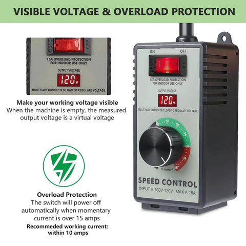 AC Motor Speed Controller 120V 15A Max with LED display and overload protection for hydroponics inline duct exhaust ceiling fans.