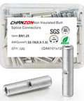 Non Insulated Butt Connectors BN1.25 Kit, 120 Pieces For 16 To 22 AWG Wire, Copper 0.8mm Thickness, Durable Crimp Terminals, Handy Automotive Electrical Connectors, clear plastic box with metal connectors