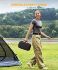Person carrying case with Beast Mode Jump Starter With Built In Air Compressor 160 PSI Car Battery Charger For 7.0L Gas Or 6.0L Diesel Tire Inflator USB Power Bank And Heavy Duty Jump Cables Road Trip Ready next to tent outdoors
