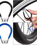 Portable Bicycle Spoke Wrench Set 7 Piece Kit with 8 Way Rim Truing Tool in use for wheel repairs