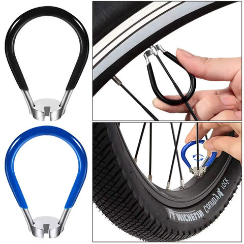 Portable Bicycle Spoke Wrench Set 7 Piece Kit with 8 Way Rim Truing Tool in use for wheel repairs
