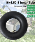 Two Pack Inner Tubes For 16x6.50-8 And 16x7.50-8 Tires With Bent Valve Stem displayed in front of a lawn mower