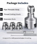 4 in 1 Drill Powered Pipe Threading Tool Kit For Cutting Internal External Threads On Pvc And Ppr Pipes Fits Half Inch Three Quarter And One Inch Sizes For Plumbing Repairs And Pro Grade Projects including pipe threader body, thread cutting heads, and extension rods.