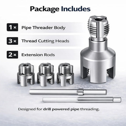 4 in 1 Drill Powered Pipe Threading Tool Kit For Cutting Internal External Threads On Pvc And Ppr Pipes Fits Half Inch Three Quarter And One Inch Sizes For Plumbing Repairs And Pro Grade Projects including pipe threader body, thread cutting heads, and extension rods.