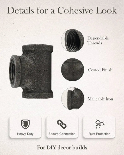 10 Pack Three Quarter Inch Malleable Cast Iron Pipe Tees details with female threads and coated finish for DIY industrial use