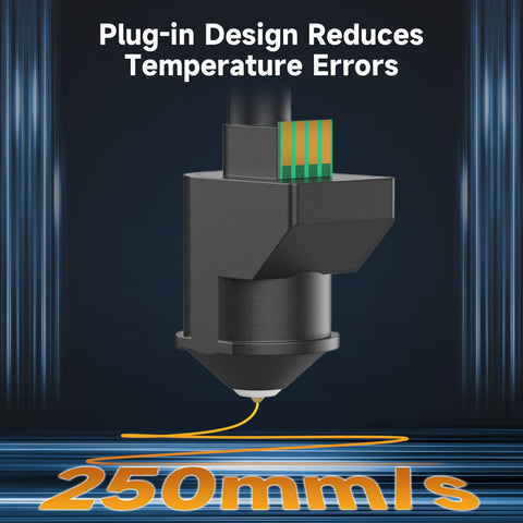 Tina2 Plus And Tina2C Ceramic Hotend Block for 3D Printer, shown with plug-in design and 250 mm/s speed capability highlighted.
