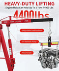 Heavy Duty 4400 LB Folding Cherry Picker Engine Hoist showing 8T hydraulic pump and adjustable load positions for engine lifting.