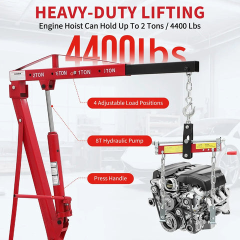 Heavy Duty 4400 LB Folding Cherry Picker Engine Hoist showing 8T hydraulic pump and adjustable load positions for engine lifting.