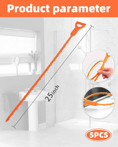 Image showing 5 Pack 25 Inch Drain Clog Remover Snakes Hair Blockage Buster Flexible Hair Clog Cleaner Tools in a bathroom setting.