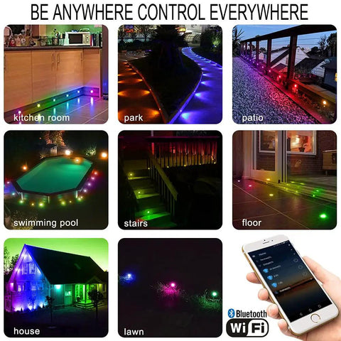 Lit Multicolor RGBIC Deck Lights With WiFi Control And Music Sync, Waterproof IP67 Recessed 45mm Fixtures shown in diverse settings
