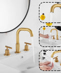 Antique brass 360 Degree Swivel Spout 8 Inch Widespread Two Handle Bathroom Faucet In Antique Brass With Pop Up Drain Deck Mounted Setup Cold And Hot Water Mixing 1.19 GPM Flow on white sink