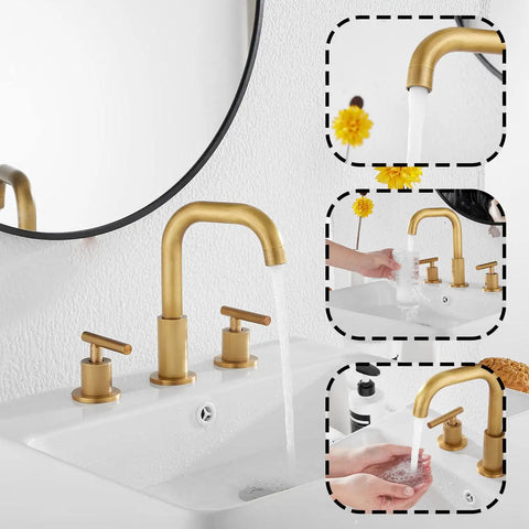 Antique brass 360 Degree Swivel Spout 8 Inch Widespread Two Handle Bathroom Faucet In Antique Brass With Pop Up Drain Deck Mounted Setup Cold And Hot Water Mixing 1.19 GPM Flow on white sink