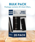 Sheet Lifters For 3 Ring Binders 11 By 3 Inches Protect Hole Edges And Prevent Tearing With Easy Flow Design Fits Standard Binders Black 20 Pack Ideal For School Home Office shown in packaging.