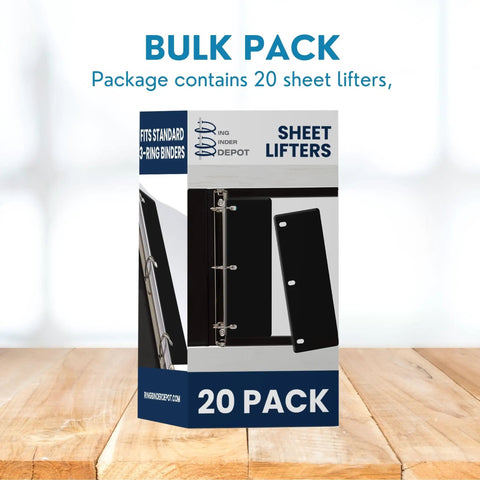 Sheet Lifters For 3 Ring Binders 11 By 3 Inches Protect Hole Edges And Prevent Tearing With Easy Flow Design Fits Standard Binders Black 20 Pack Ideal For School Home Office shown in packaging.