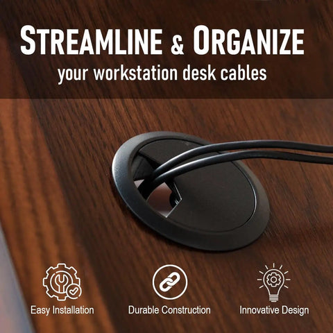 High Grade Desk Grommet Covers For Smart Cable Taming keeps your setup looking slick and clutter free in a wooden desk.