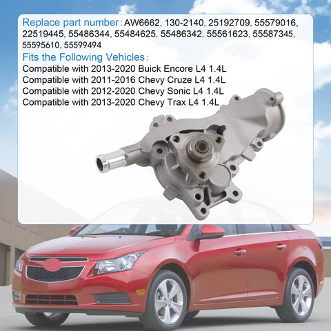 Water Pump Replacement For Buick Encore And Chevy Lineup 1.4L Turbo L4 Engine Easy Install displayed above a red Chevy Cruze.