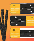 Four Pack Six Inch Matte Black Piano Hinges Built Tough With 304 Stainless Steel For Hella Durability And Slick Rust Proof Performance On Doors And Cabinets showing surface treatment, sink hole design, and quality assurance details.