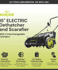 15 Inch Electric Lawn Dethatcher With Scarifier Blade Reel And Collection Bag For Grass Thatch Removal Powered By A 13 Amp Corded Yard Power Rake Tool Built For No Fuss Cleanups And Greener Lawn Care AJ805E with SunJoe branding