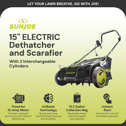15 Inch Electric Lawn Dethatcher With Scarifier Blade Reel And Collection Bag For Grass Thatch Removal Powered By A 13 Amp Corded Yard Power Rake Tool Built For No Fuss Cleanups And Greener Lawn Care AJ805E with SunJoe branding