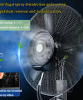 Heavy Duty Standing Mist Fan With Rock Solid Build Delivering Poppin Airflow And Smooth Misting Features A Massive Eleven Gallon Tank For All Day Patio Relief Adjustable Speed Switches And Easy Roll Setup showing a misting feature and cooling.