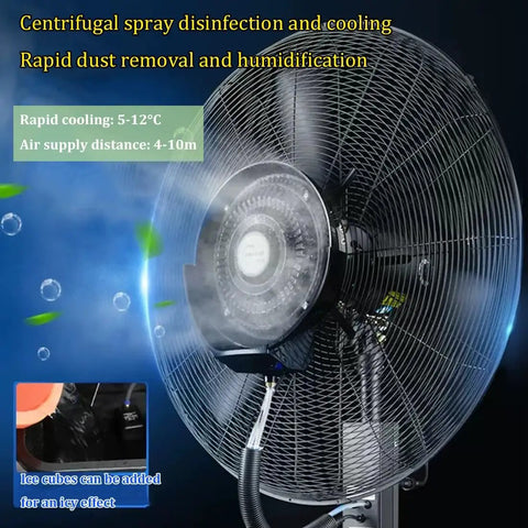 Heavy Duty Standing Mist Fan With Rock Solid Build Delivering Poppin Airflow And Smooth Misting Features A Massive Eleven Gallon Tank For All Day Patio Relief Adjustable Speed Switches And Easy Roll Setup showing a misting feature and cooling.