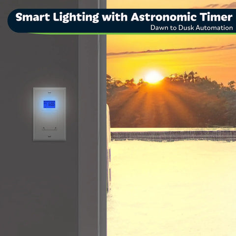 Smart Dope 7 Day Astronomic Timer Switch for lights fans and motors, wall installed with sunset setting, dawn to dusk automation.