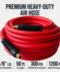 Heavy Duty 3/8 Inch By 50 Ft Hybrid Air Compressor Hose With 300 Psi Max Pressure And Solid Brass Fittings, coiled and red.