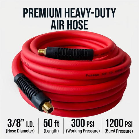Heavy Duty 3/8 Inch By 50 Ft Hybrid Air Compressor Hose With 300 Psi Max Pressure And Solid Brass Fittings, coiled and red.