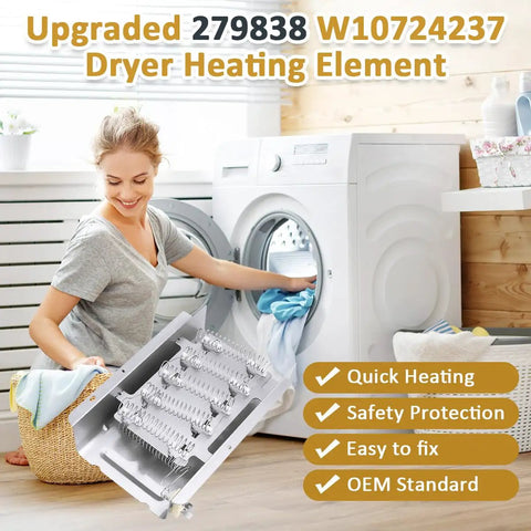 Heavy Duty Dryer Heating Element Replacement 279838 Fits Whirlpool Kenmore Roper Maytag Amana Admiral Medx655dw1 500 600 70 80 Series Model 110 Dryers Easy Install And Reliable Heat shown with dryer.