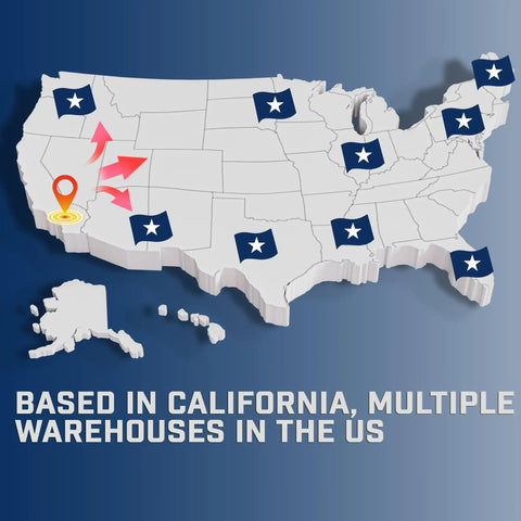 Map showing multiple warehouses across the US, including California as a central location.