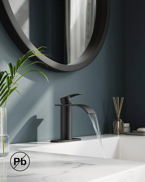 Waterfall Matte Black Bathroom Faucet DIY Friendly 1 or 3 Hole Install with Deck Plate in modern bathroom setting