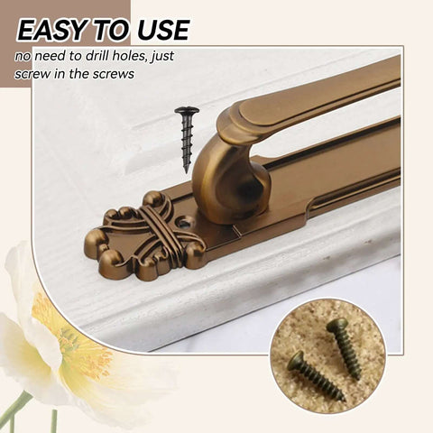 European Style Antique Door Handle Zinc Alloy Barn Door Pull shown in bronze on cabinet with included screws