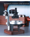 Premium Barista Grade Rotating Espresso Stirrer And Coffee Distribution Tool With Adjustable Needles For Dead Simple Grounds Prep on a wooden base.