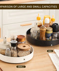 Comparison of large black and small white rotating Lazy Susans with condiments in a kitchen setting.