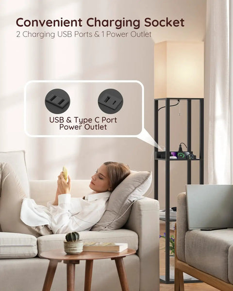 Shelf Floor Lamp With Solid Wood Shelves And USB Charging Ports beside couch, showing USB and power outlets in living room