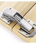 Close-up of concealed stainless steel cabinet hinges with no drill install fully hidden when doors shut rust resistant for kitchens and bathrooms