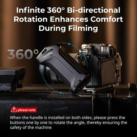 Rotating Side Handle With REC Trigger For Alpha Mirrorless Cameras next to Sony camera body on table, showcasing 360-degree rotation