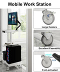 Heavy Duty White Rolling Mobile Workstation Cart With Smooth Gas Spring Height Adjustment For Sit Stand Daily Grind Featuring Rock Solid Monitor Mount And Secure CPU Holder For Home Office Flex with large casters and foot-activated locking.