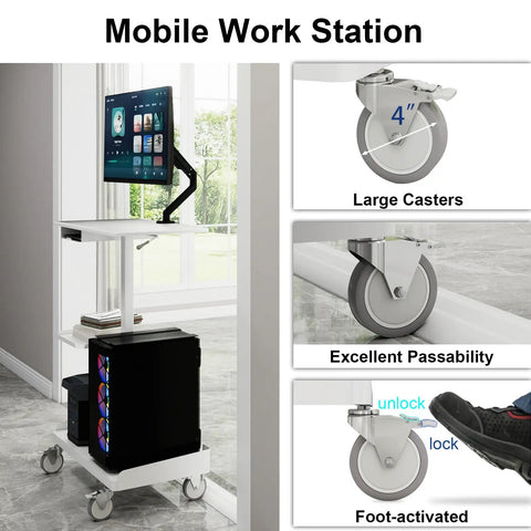 Heavy Duty White Rolling Mobile Workstation Cart With Smooth Gas Spring Height Adjustment For Sit Stand Daily Grind Featuring Rock Solid Monitor Mount And Secure CPU Holder For Home Office Flex with large casters and foot-activated locking.
