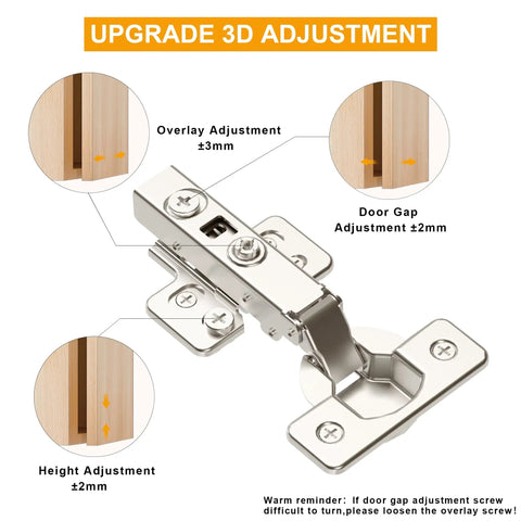 Upgrade 3D adjustment diagram of 2 Pack Full Overlay Soft Close Cabinet Hinges For Frameless European Kitchens Clip On 35mm Cup 3D Adjustment Concealed Door Hinges Nickel Plated Finish Easy Tool Free Installation