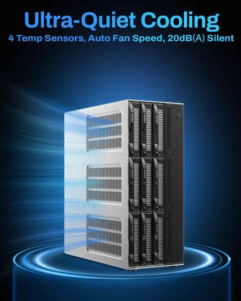 Plug Straight Into Legit Heavy Duty Storage With This Nine Bay External Hard Drive Enclosure Featuring Independent Power Switches Per Bay Diskless Desktop Array Designed For Smooth Sailing Fast Transfers And Totally Hassle Free Data Backup with ultra-quiet cooling system.