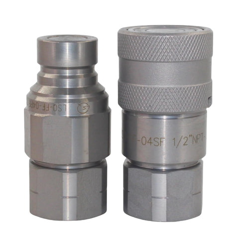 Two silver 1/2'' NPT flat-face hydraulic quick-connect couplings with knurled grips